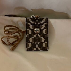 Coach Signature Black and Brown Card and Badge Holder with Lanyard Coach